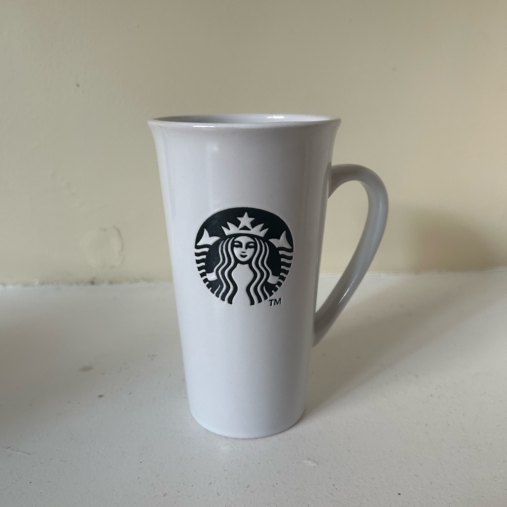 STARBUCKS 2013 Travel Mug Tumbler White Ceramic no Lid Black Mermaid Logo 16oz